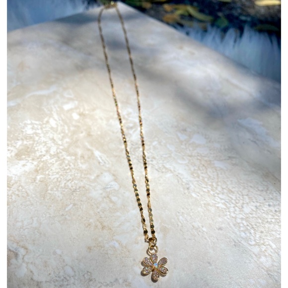 Delicate Gold Opal and Cz Flower Charm Necklace - Picture 4 of 5